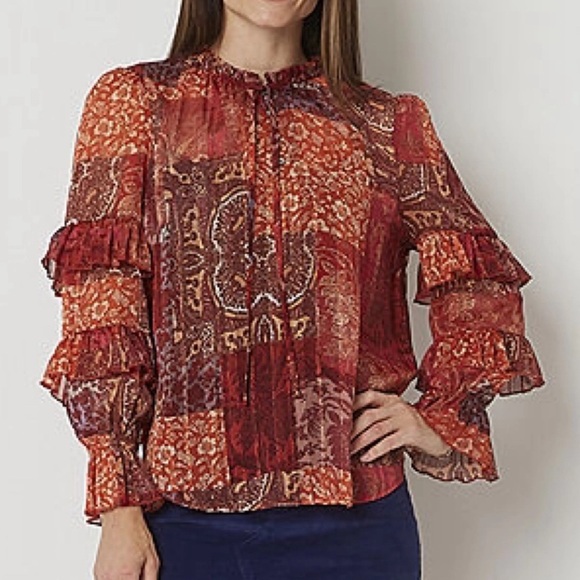 Frye and Co Patchwork Floral Combo Long Ruffled Sleeve Blouse Top Size Small - Picture 8 of 8